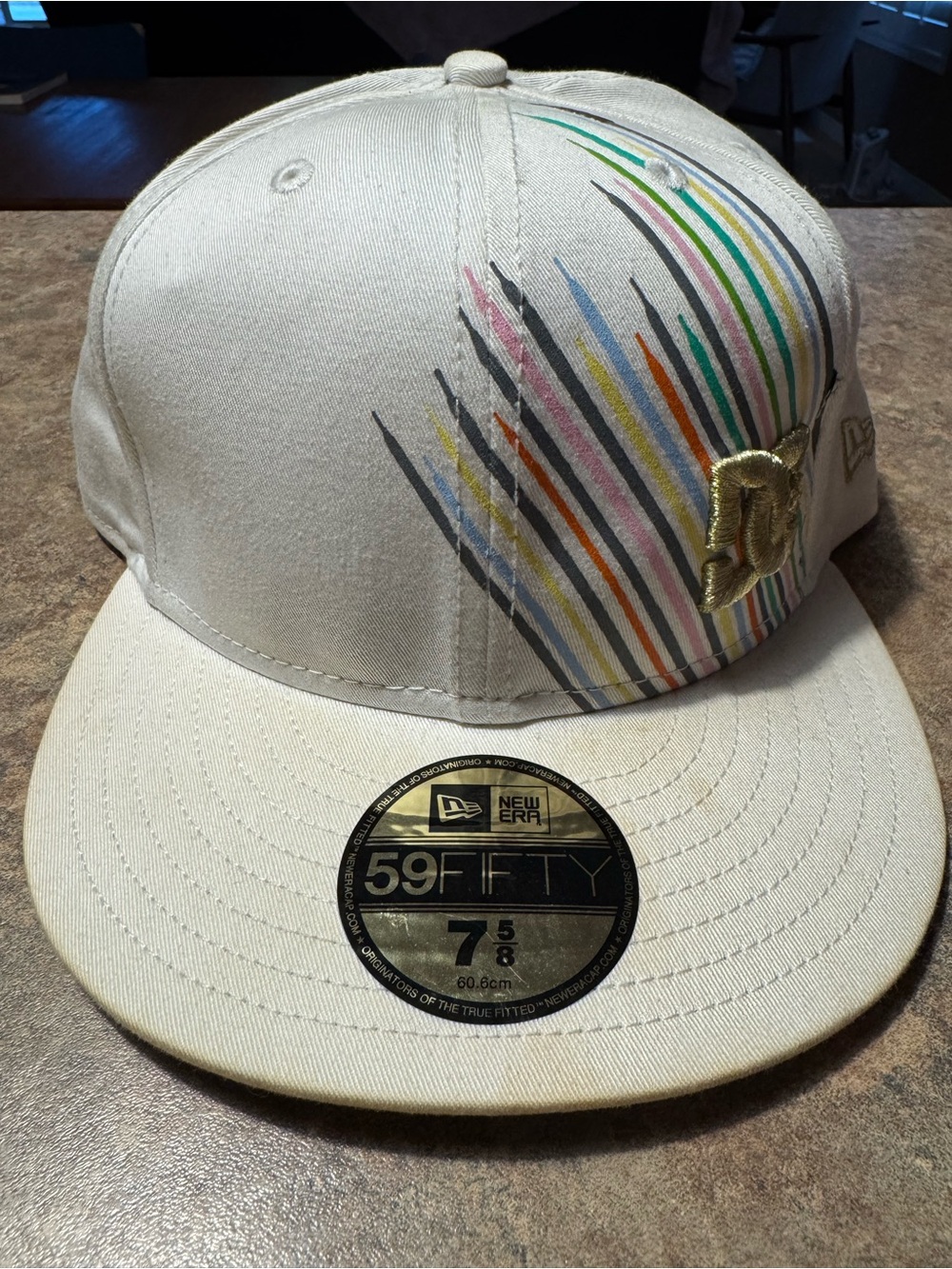 DC Cream Fitted Hat with Multicolor Diagonal Stripe Accents